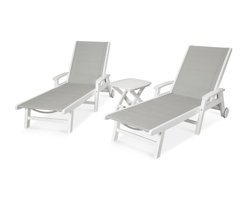 POLYWOOD Coastal 3-Piece Wheeled Chaise Set in White with Metallic fabric