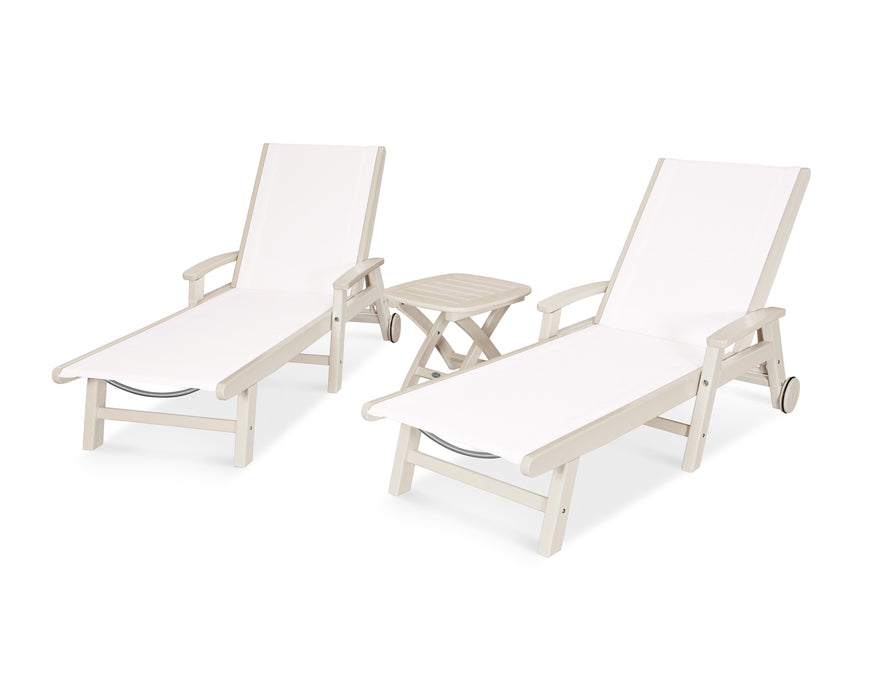 POLYWOOD Coastal 3-Piece Wheeled Chaise Set in Sand with White fabric
