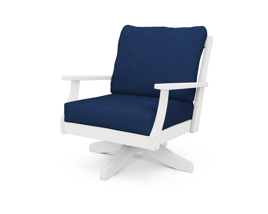 POLYWOOD Braxton Deep Seating Swivel Chair in White with Marine Indigo fabric