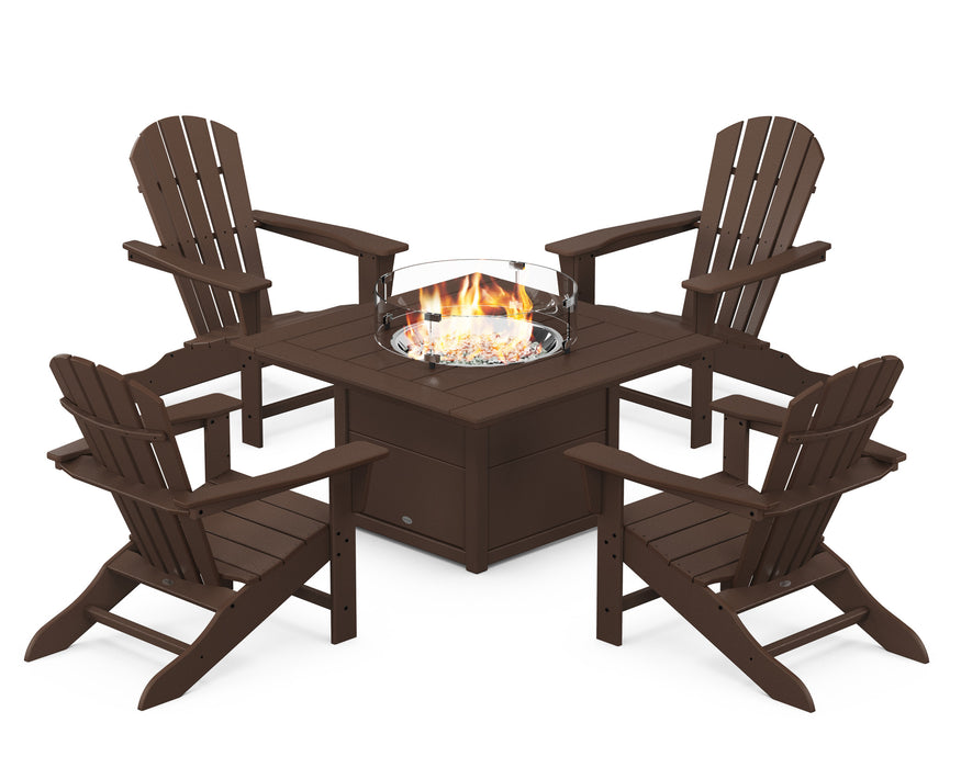 POLYWOOD Palm Coast 5-Piece Adirondack Chair Conversation Set with Fire Pit Table in Mahogany