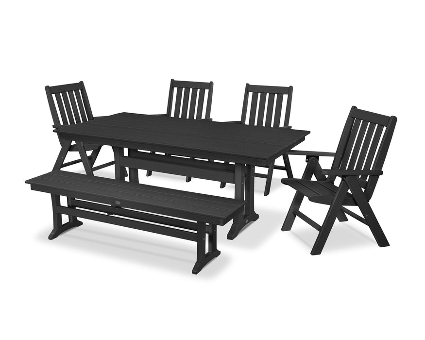 POLYWOOD Vineyard 6-Piece Farmhouse Trestle Folding Dining Set with Bench in Black