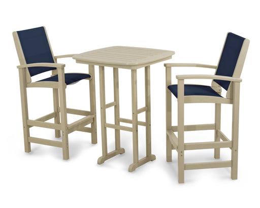 POLYWOOD Coastal 3-Piece Bar Set in Sand with Navy 2 fabric