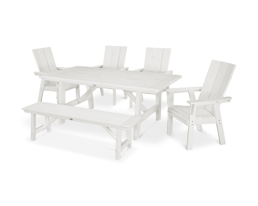 POLYWOOD Modern Curveback Adirondack 6-Piece Rustic Farmhouse Dining Set with Bench in Vintage White