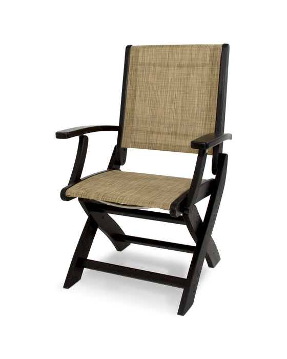 POLYWOOD Coastal Folding Chair in Black with Burlap fabric