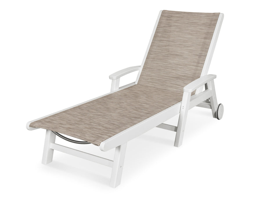 POLYWOOD Coastal Chaise with Wheels in Vintage White with Onyx fabric