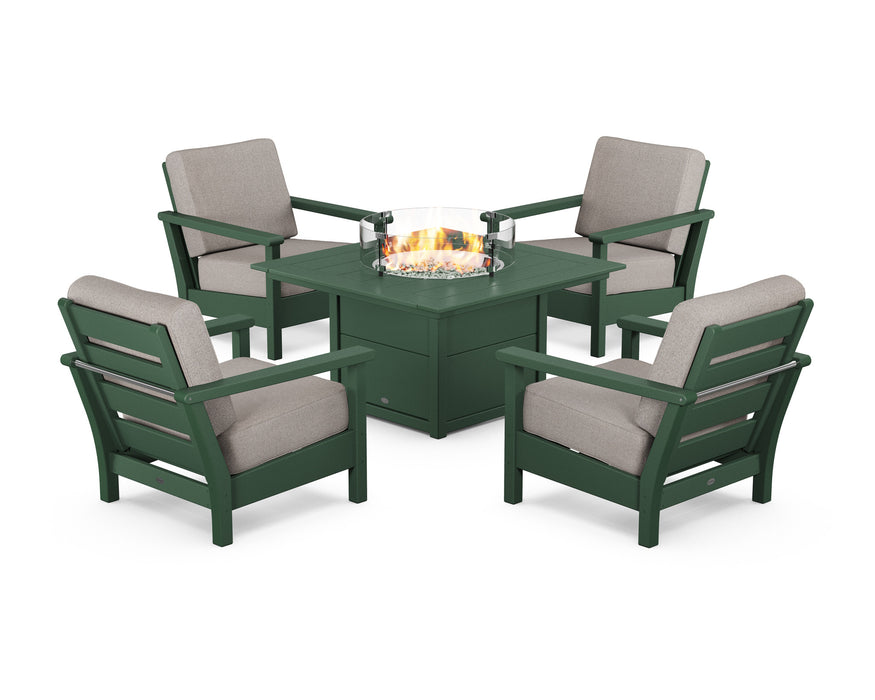 POLYWOOD Harbour 5-Piece Conversation Set with Fire Pit Table in Green with Weathered Tweed fabric