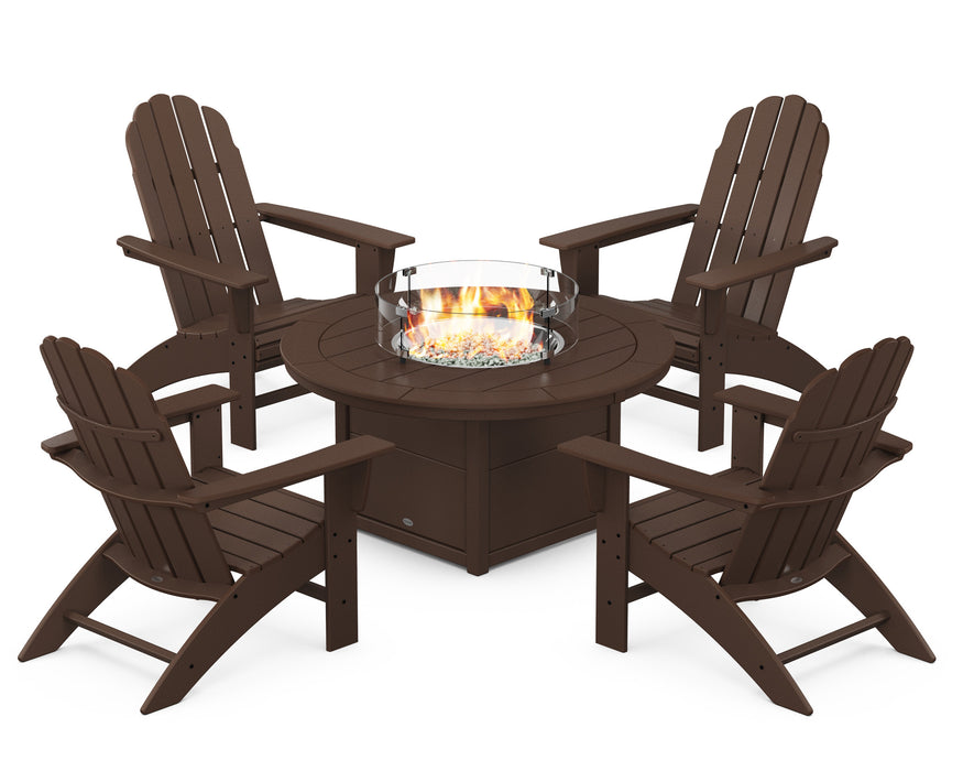 POLYWOOD Vineyard Curveback Adirondack 5-Piece Conversation Set with Fire Pit Table in Mahogany