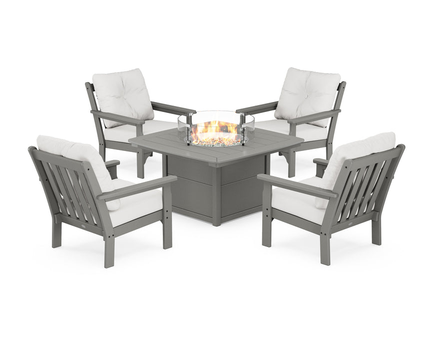 POLYWOOD Vineyard 5-Piece Conversation Set with Fire Pit Table in Slate Grey with Natural Linen fabric