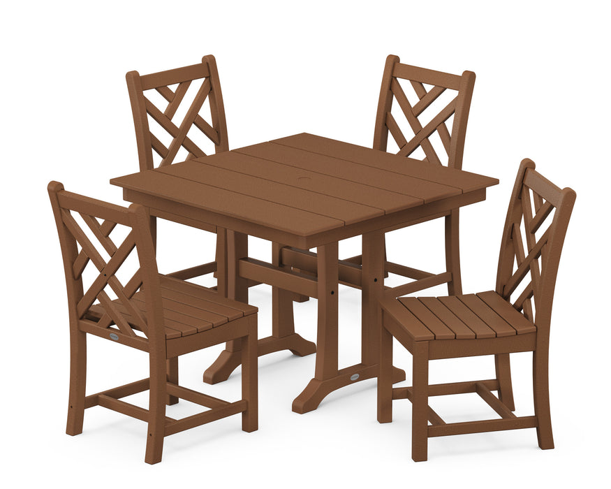 POLYWOOD Chippendale 5-Piece Farmhouse Trestle Side Chair Dining Set in Teak