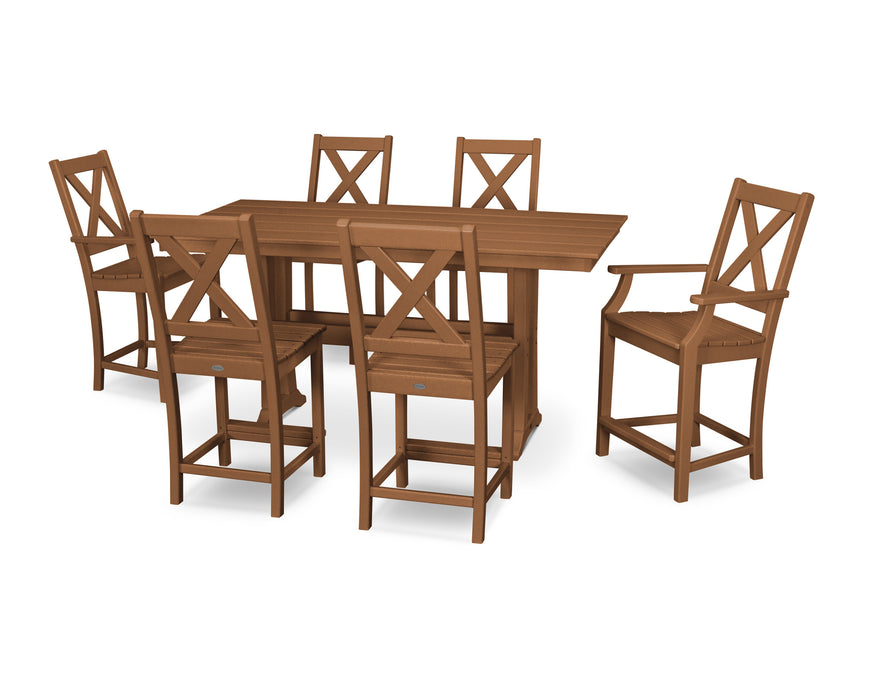 POLYWOOD Braxton 7-Piece Farmhouse Trestle Counter Set in Teak