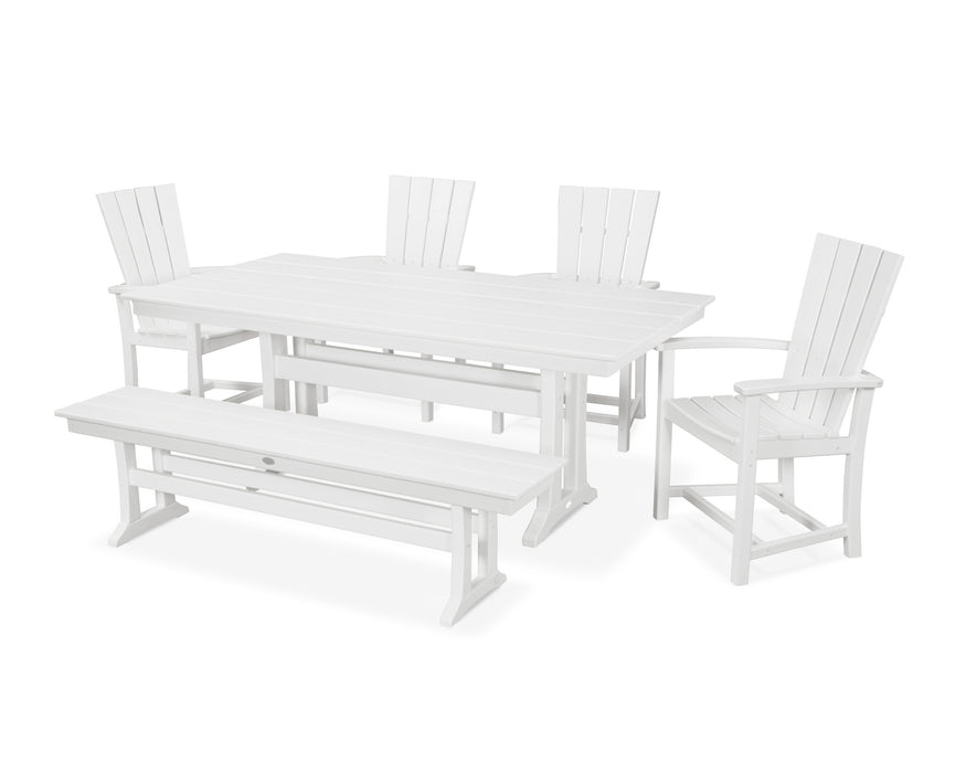 POLYWOOD Quattro 6-Piece Farmhouse Trestle Dining Set with Bench in White