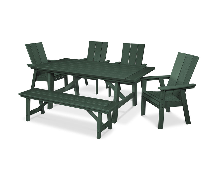POLYWOOD Modern Curveback Adirondack 6-Piece Rustic Farmhouse Dining Set with Bench in Green