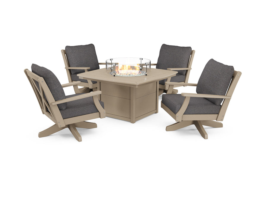 POLYWOOD Braxton 5-Piece Deep Seating Swivel Conversation Set with Fire Pit Table in Vintage White with Ash Charcoal fabric