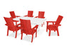 POLYWOOD Modern Curveback Adirondack 7-Piece Farmhouse Trestle Dining Set in Sunset Red / White