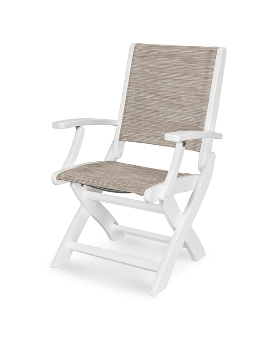POLYWOOD Coastal Folding Chair in Vintage White with Onyx fabric