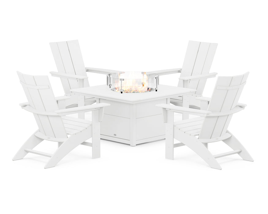 POLYWOOD Modern Curveback Adirondack 5-Piece Conversation Set with Fire Pit Table in White