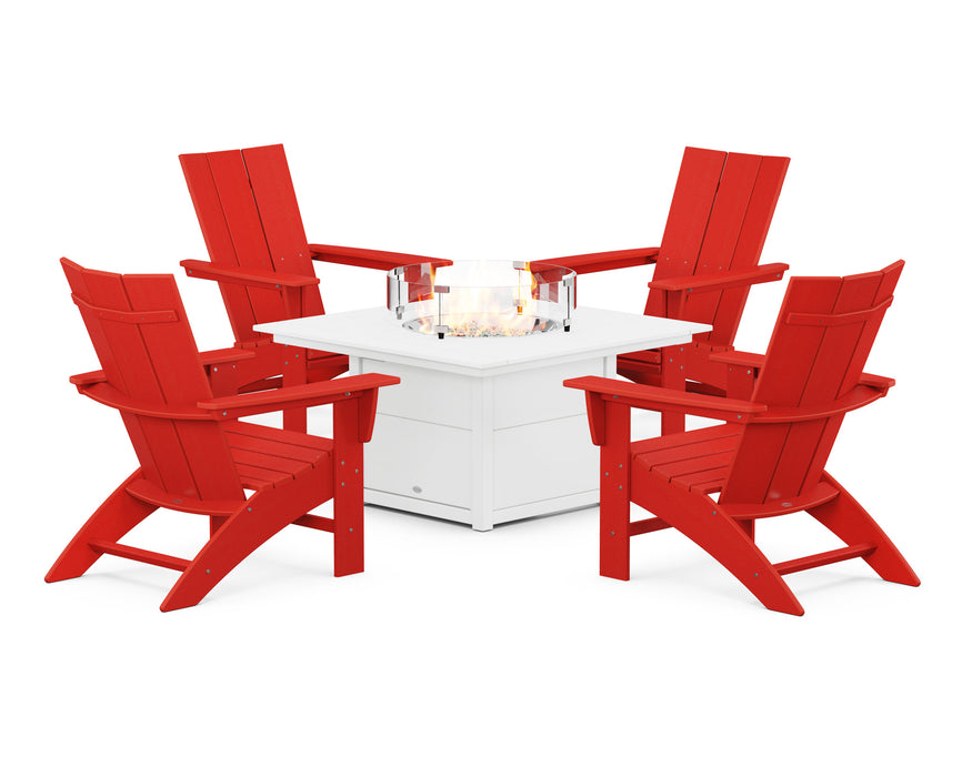 POLYWOOD Modern Curveback Adirondack 5-Piece Conversation Set with Fire Pit Table in Sunset Red / White