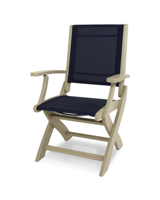 POLYWOOD Coastal Folding Chair in Sand with Navy 2 fabric