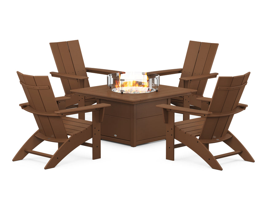 POLYWOOD Modern Curveback Adirondack 5-Piece Conversation Set with Fire Pit Table in Teak