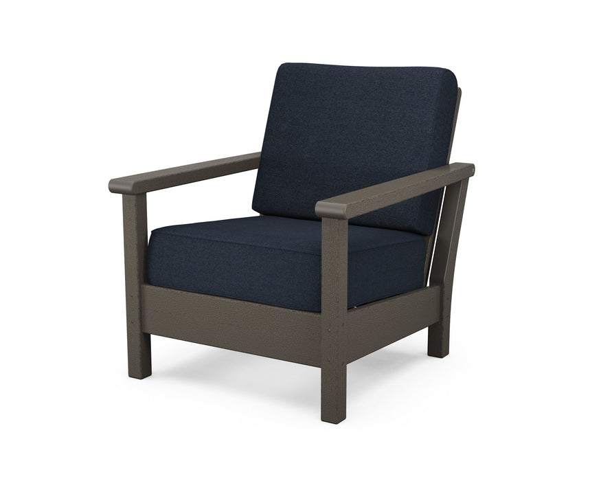 POLYWOOD Harbour Deep Seating Chair in Vintage Coffee with Marine Indigo fabric