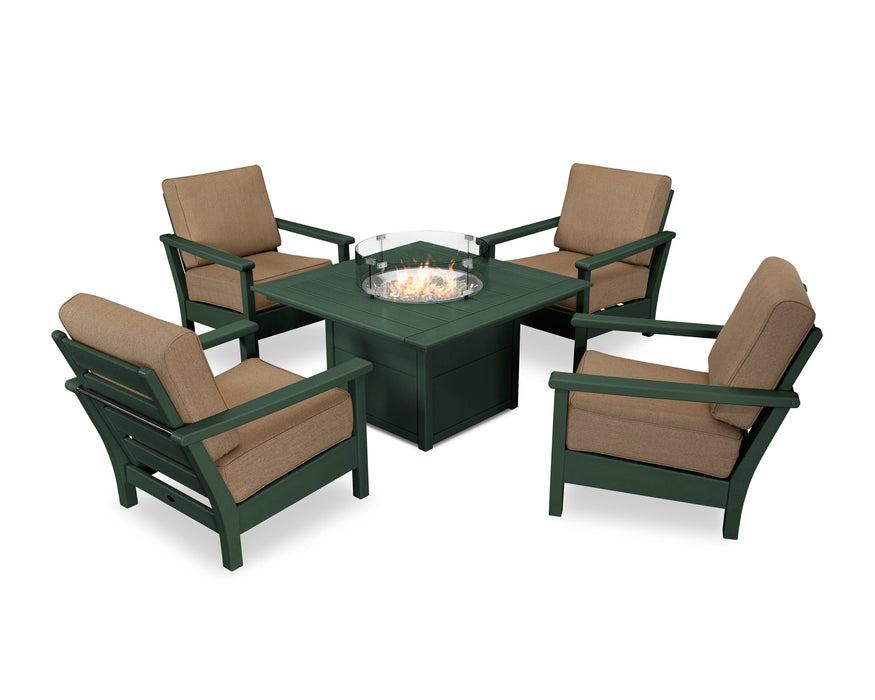 POLYWOOD Harbour 5-Piece Conversation Set with Fire Pit Table in Slate Grey with Natural Linen fabric