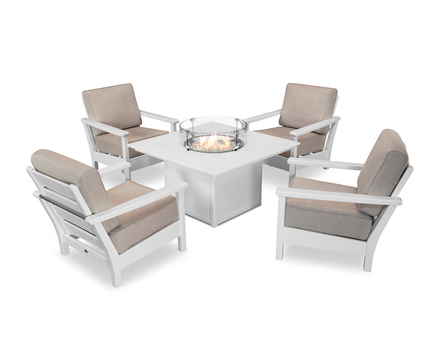 POLYWOOD Harbour 5-Piece Conversation Set with Fire Pit Table in White with Marine Indigo fabric