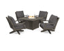 POLYWOOD Braxton 5-Piece Deep Seating Swivel Conversation Set with Fire Pit Table in Slate Grey with Sancy Denim fabric