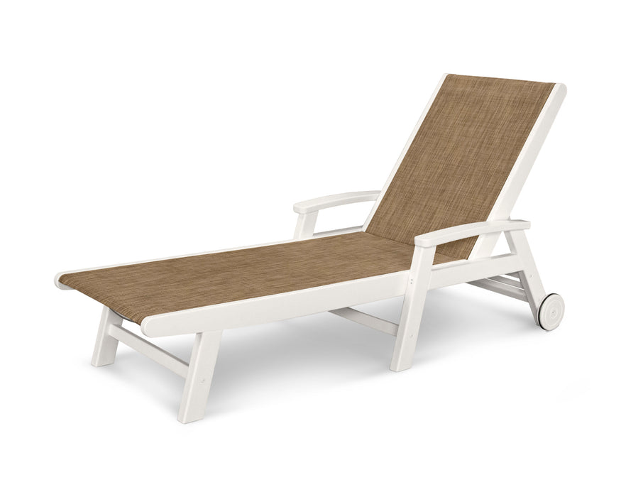 POLYWOOD Coastal Chaise with Wheels in White with Burlap fabric