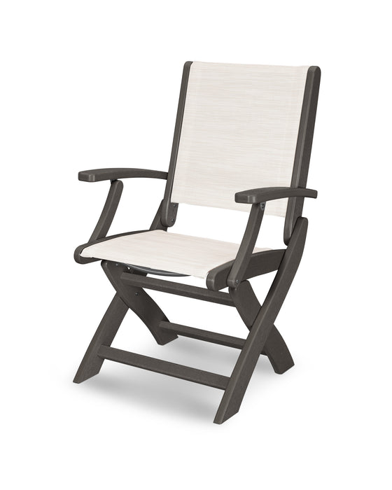 POLYWOOD Coastal Folding Chair in Vintage Coffee with Parchment fabric