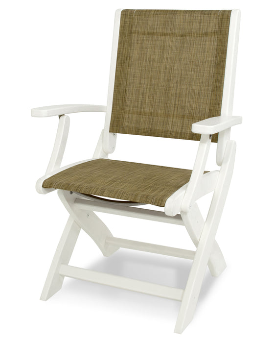 POLYWOOD Coastal Folding Chair in White with Burlap fabric