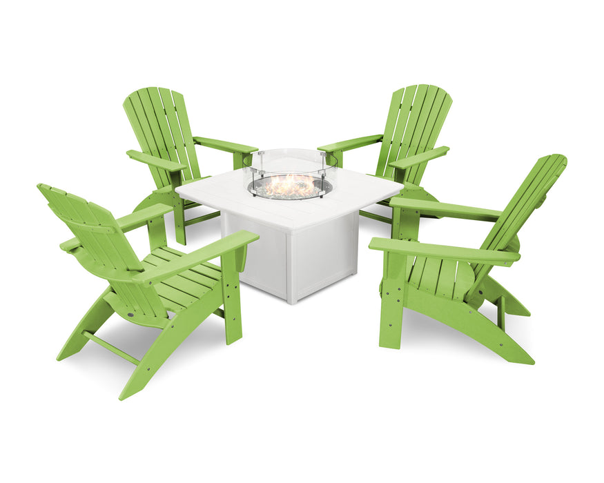 POLYWOOD Nautical Curveback Adirondack 5-Piece Conversation Set with Fire Table in Lime / White