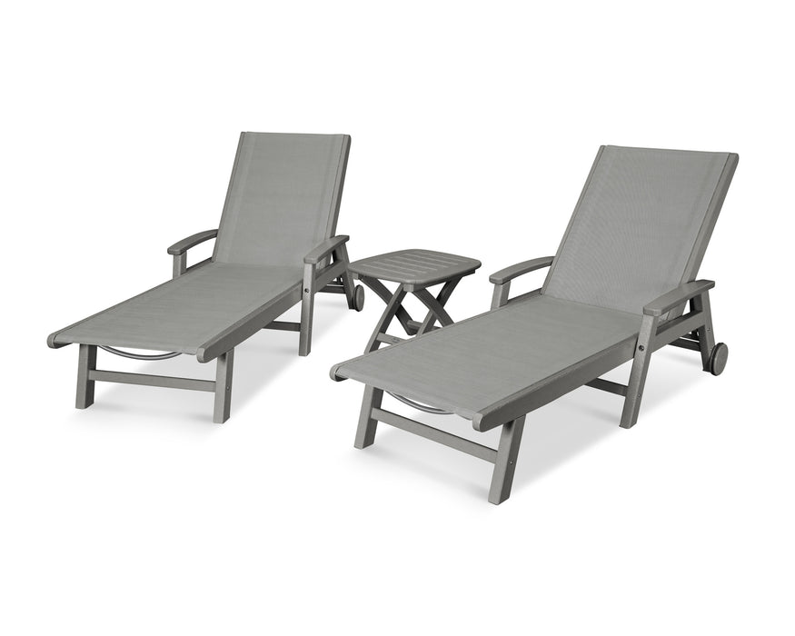 POLYWOOD Coastal 3-Piece Wheeled Chaise Set in Slate Grey with Metallic fabric
