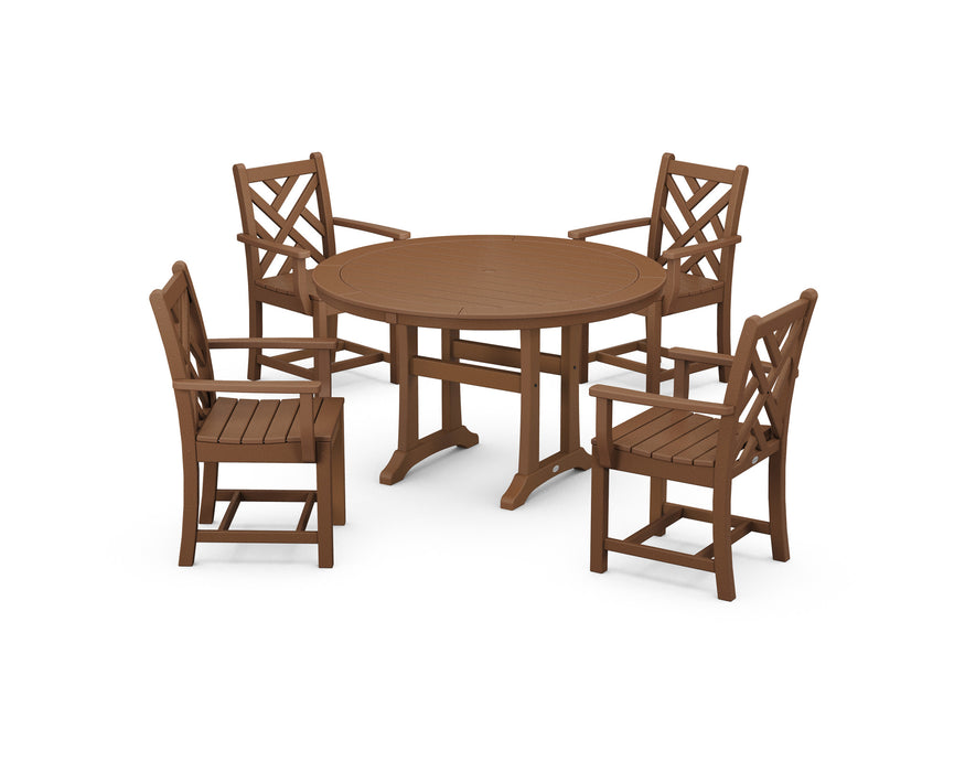POLYWOOD Chippendale 5-Piece Nautical Trestle Dining Arm Chair Set in Teak