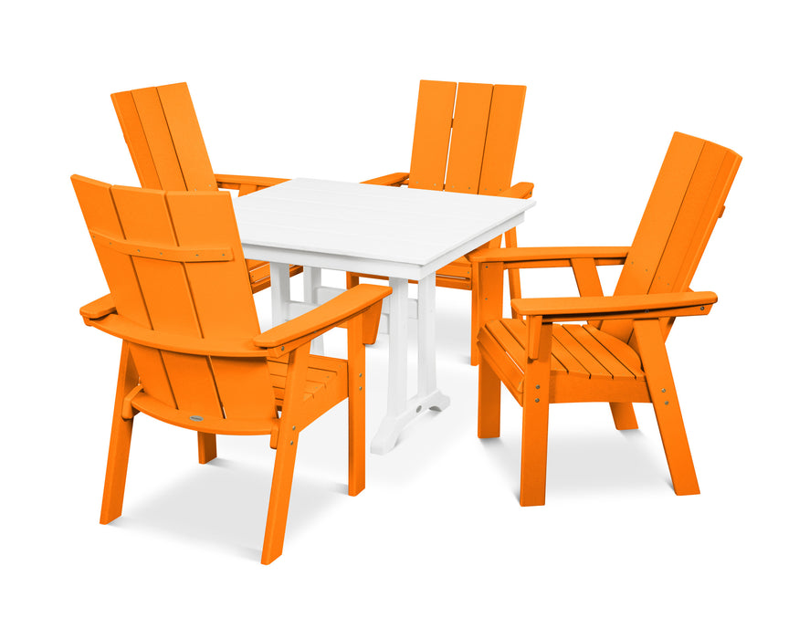 POLYWOOD Modern Curveback Adirondack 5-Piece Farmhouse Trestle Dining Set in Tangerine / White