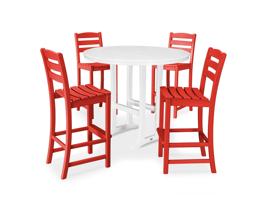 POLYWOOD 5 Piece La Casa Side Chair Bar Dining Set in Sunset Red / White