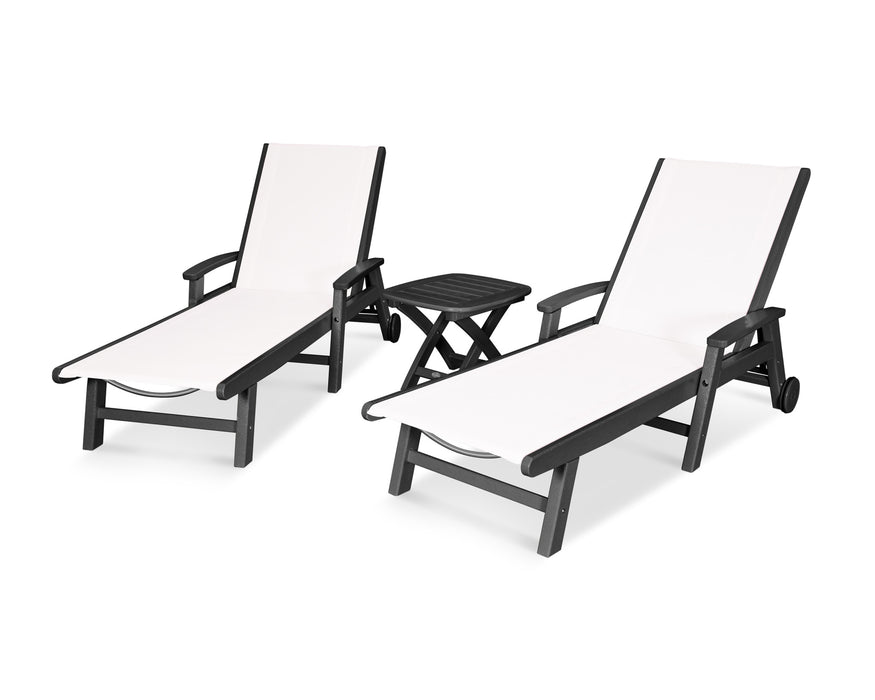 POLYWOOD Coastal 3-Piece Wheeled Chaise Set in Black with White fabric