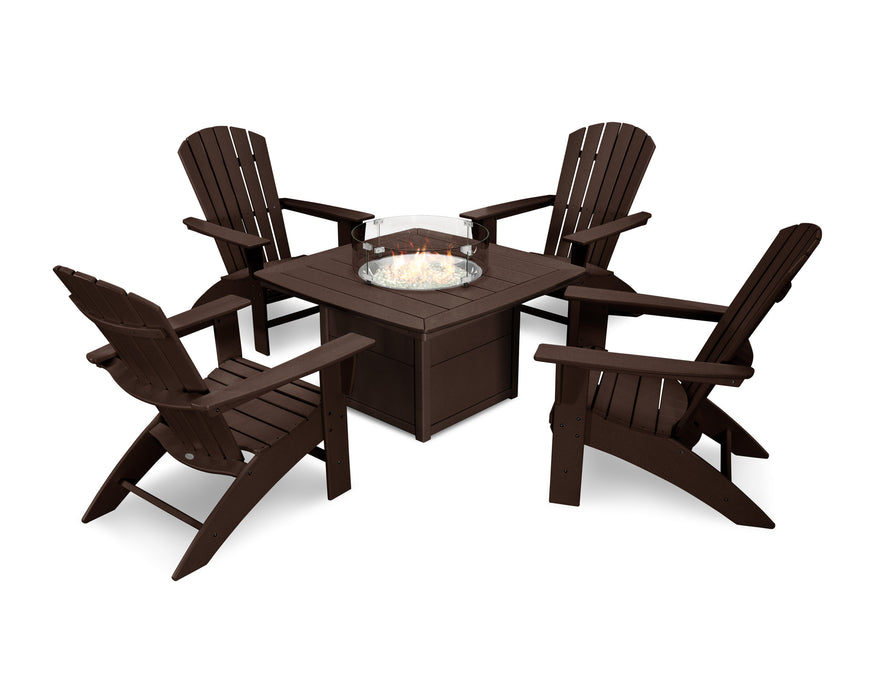 POLYWOOD Nautical Curveback Adirondack 5-Piece Conversation Set with Fire Table in Mahogany