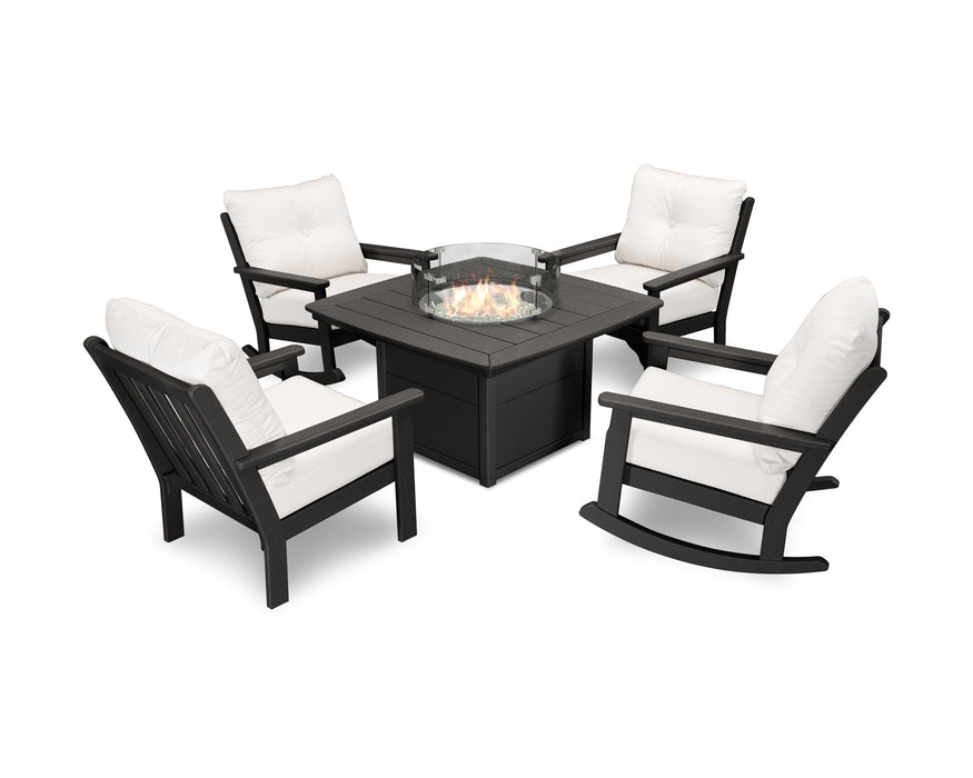 POLYWOOD Vineyard 5-Piece Deep Seating Rocking Chair Conversation Set with Fire Pit Table in Sand with Ash Charcoal fabric