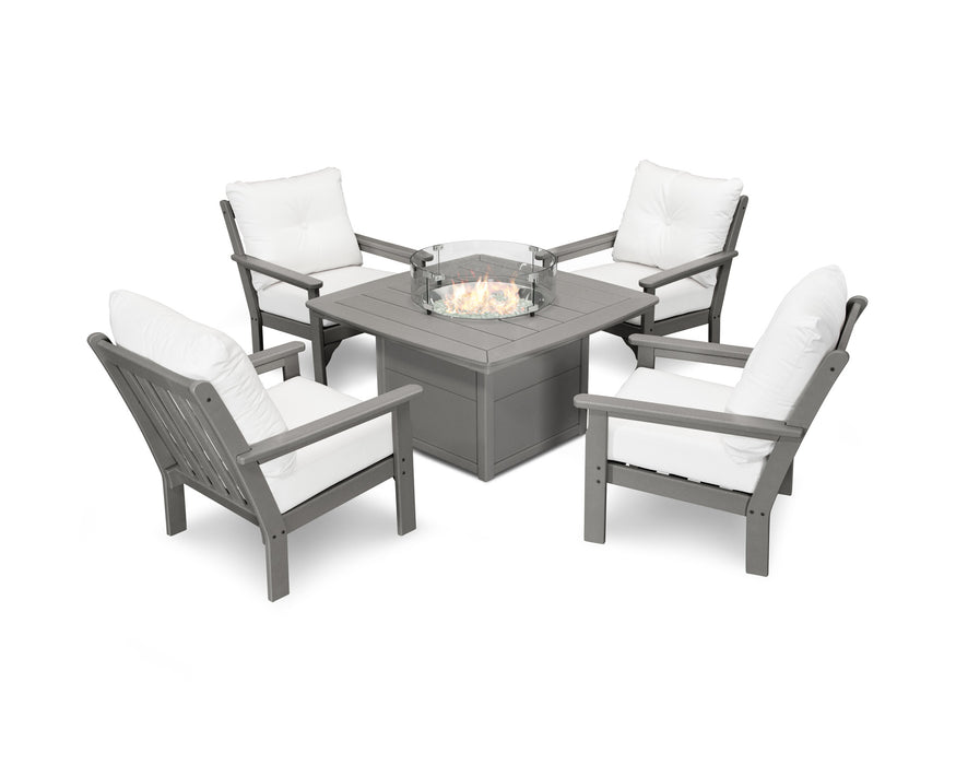 POLYWOOD Vineyard 5-Piece Conversation Set with Fire Pit Table in Mahogany with Spiced Burlap fabric