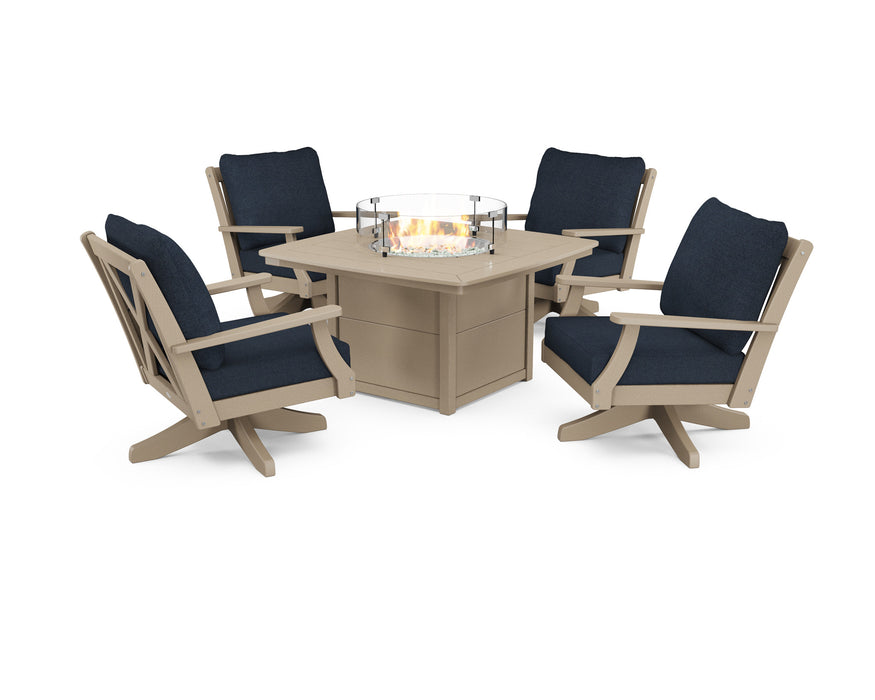 POLYWOOD Braxton 5-Piece Deep Seating Swivel Conversation Set with Fire Pit Table in