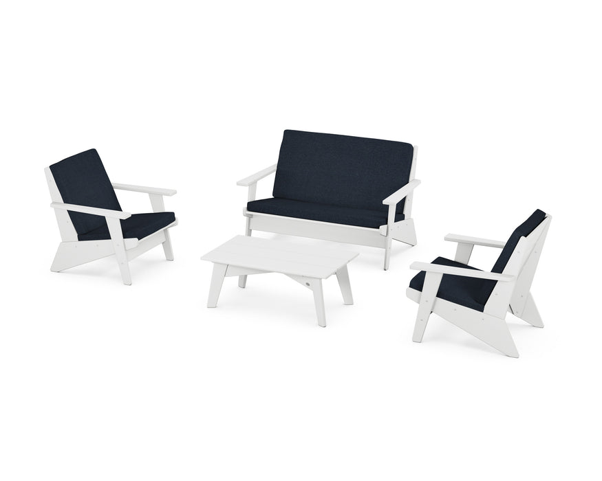POLYWOOD Riviera Modern Lounge 4-Piece Set in White with Marine Indigo fabric