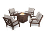 POLYWOOD Braxton 5-Piece Deep Seating Conversation Set with Fire Pit Table in White with Marine Indigo fabric
