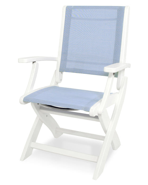 POLYWOOD Coastal Folding Chair in White with Poolside fabric