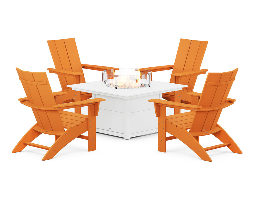 POLYWOOD Modern Curveback Adirondack 5-Piece Conversation Set with Fire Pit Table in Tangerine / White