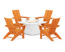 POLYWOOD Modern Curveback Adirondack 5-Piece Conversation Set with Fire Pit Table in Tangerine / White