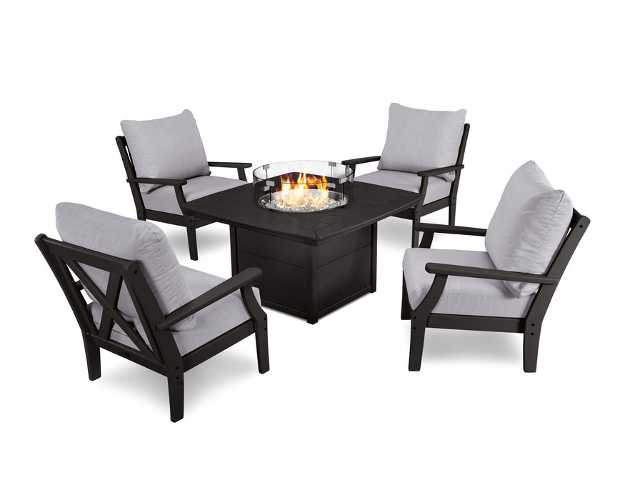POLYWOOD Braxton 5-Piece Deep Seating Conversation Set with Fire Pit Table in Slate Grey with Sancy Denim fabric