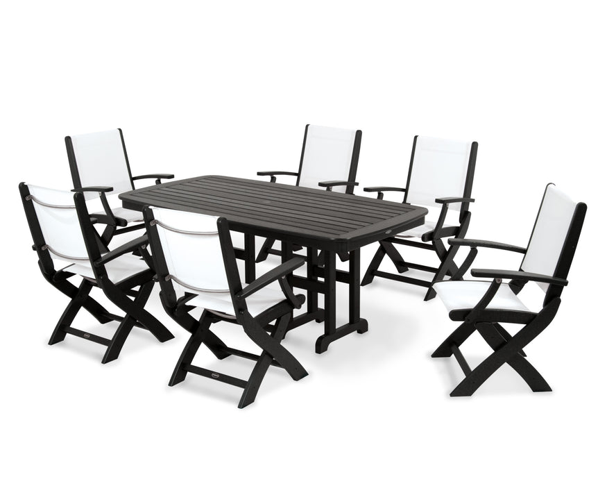 POLYWOOD Coastal 7-Piece Dining Set in Black with White fabric