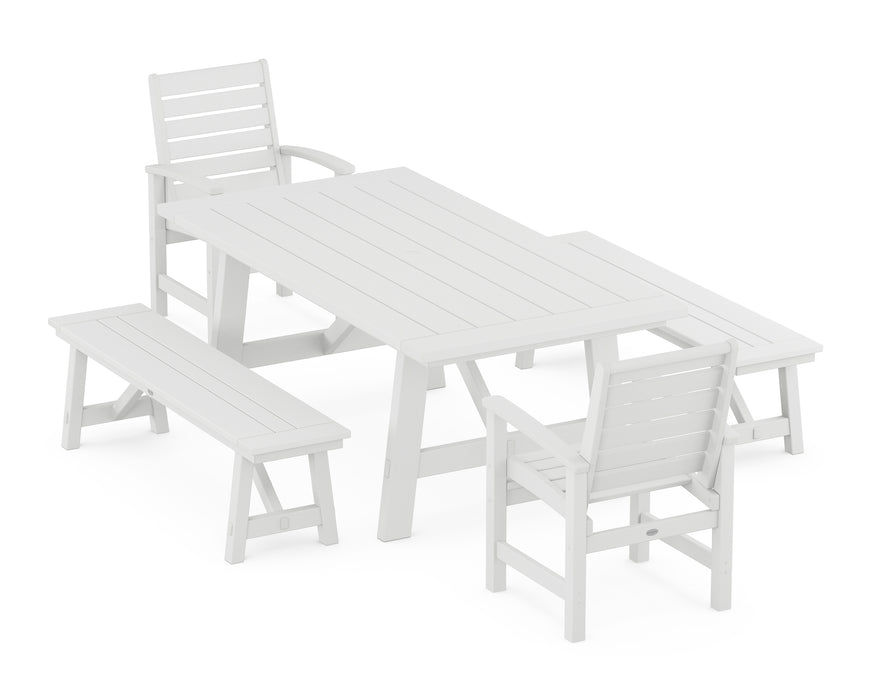 POLYWOOD Signature 5-Piece Rustic Farmhouse Dining Set With Benches in White