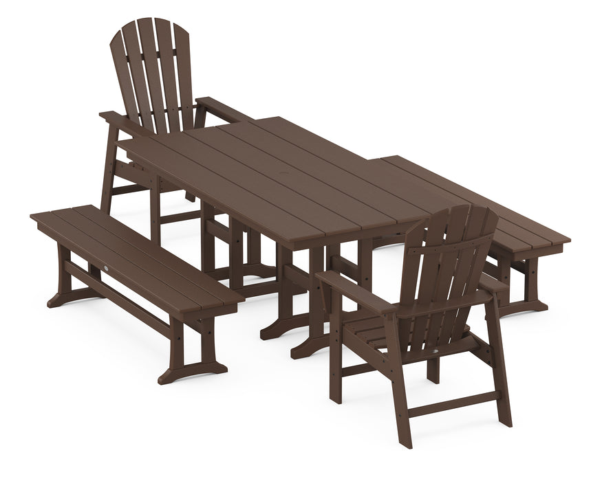 POLYWOOD South Beach 5-Piece Farmhouse Dining Set with Benches in Mahogany