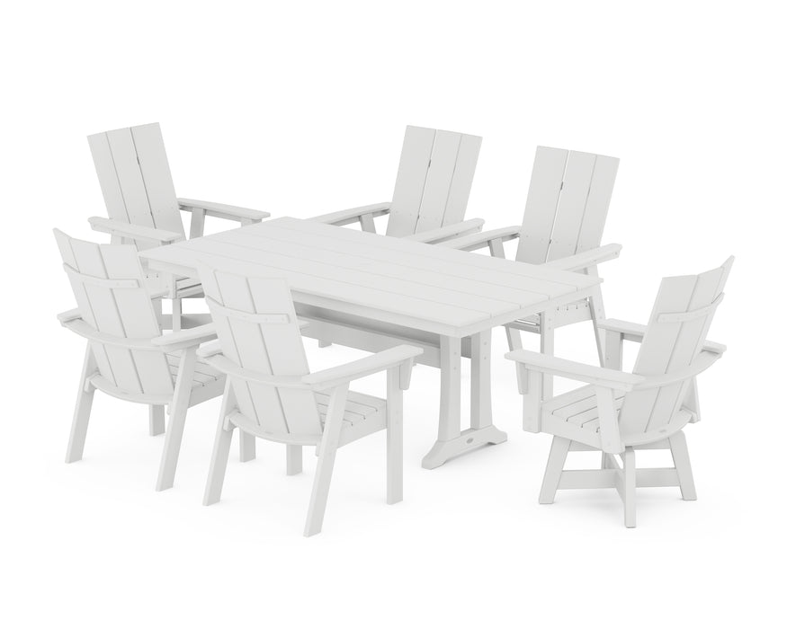 POLYWOOD Modern Curveback Adirondack Swivel Chair 7-Piece Farmhouse Dining Set With Trestle Legs in White